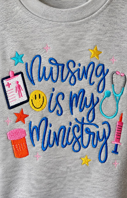 Nursing Is My Ministry Embroidered Tee – Christian Nurse Gift – close-up detail