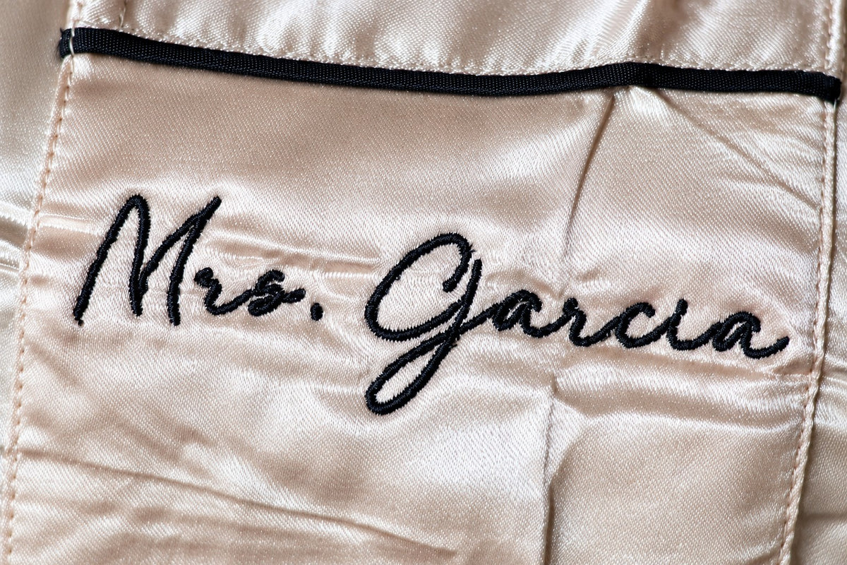 Personalized Satin Pajama Set – Mrs. Name Bridal Pajamas – close-up detail