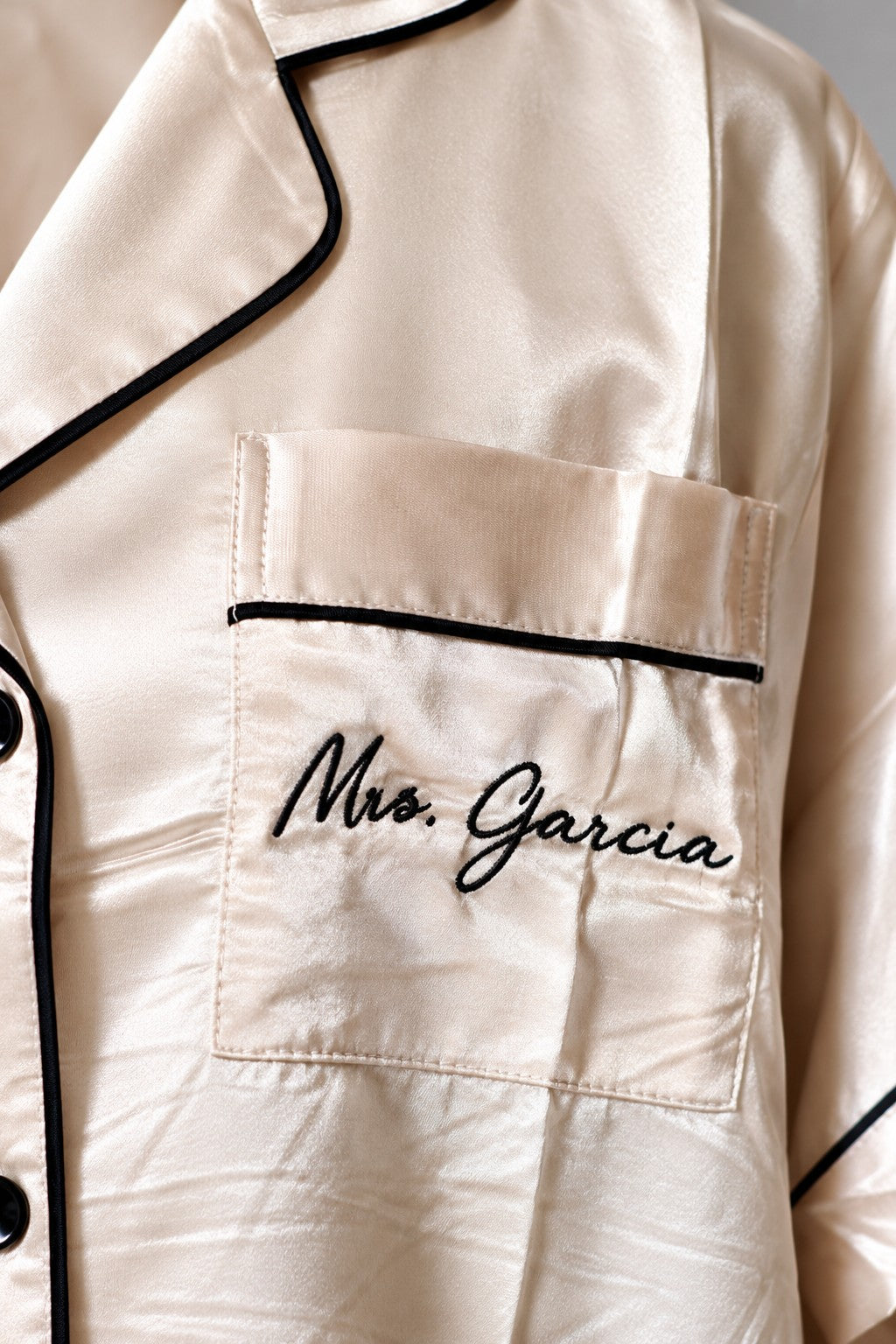 Personalized Satin Pajama Set – Mrs. Name Bridal Pajamas – close-up detail