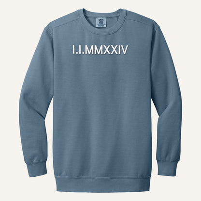 Roman Numeral Date Embroidered Sweatshirt with Initial Heart Sleeve – Comfort Colors Crewneck in Blue Jean