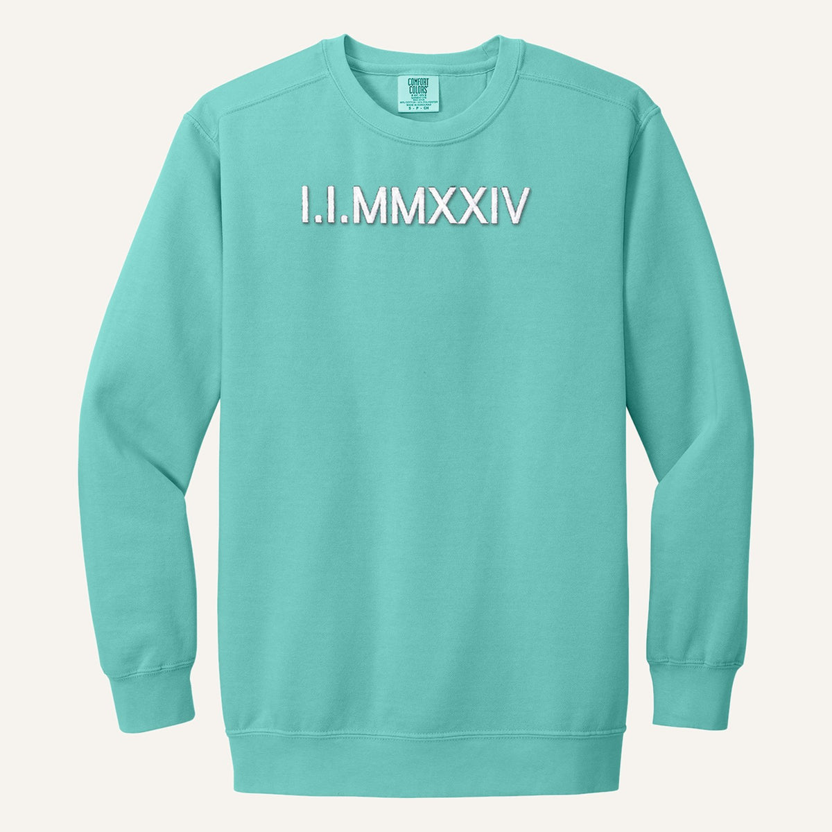 Roman Numeral Date Embroidered Sweatshirt with Initial Heart Sleeve – Comfort Colors Crewneck in Chalky Mint