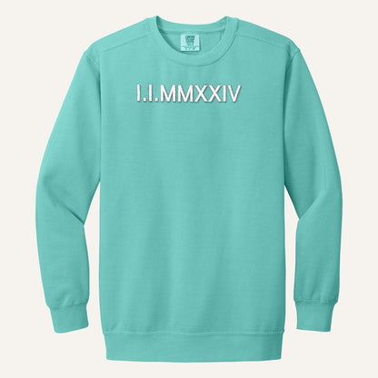 Roman Numeral Date Embroidered Sweatshirt with Initial Heart Sleeve – Comfort Colors Crewneck in Chalky Mint