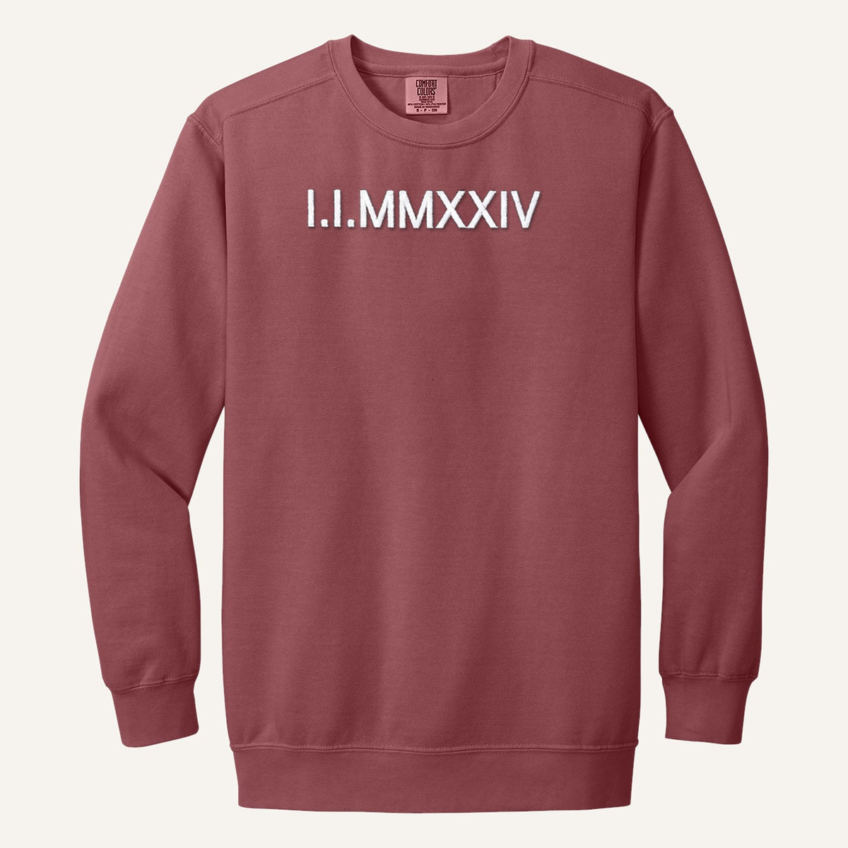 Roman Numeral Date Embroidered Sweatshirt with Initial Heart Sleeve – Comfort Colors Crewneck in Crimson