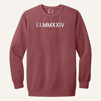 Roman Numeral Date Embroidered Sweatshirt with Initial Heart Sleeve – Comfort Colors Crewneck in Crimson