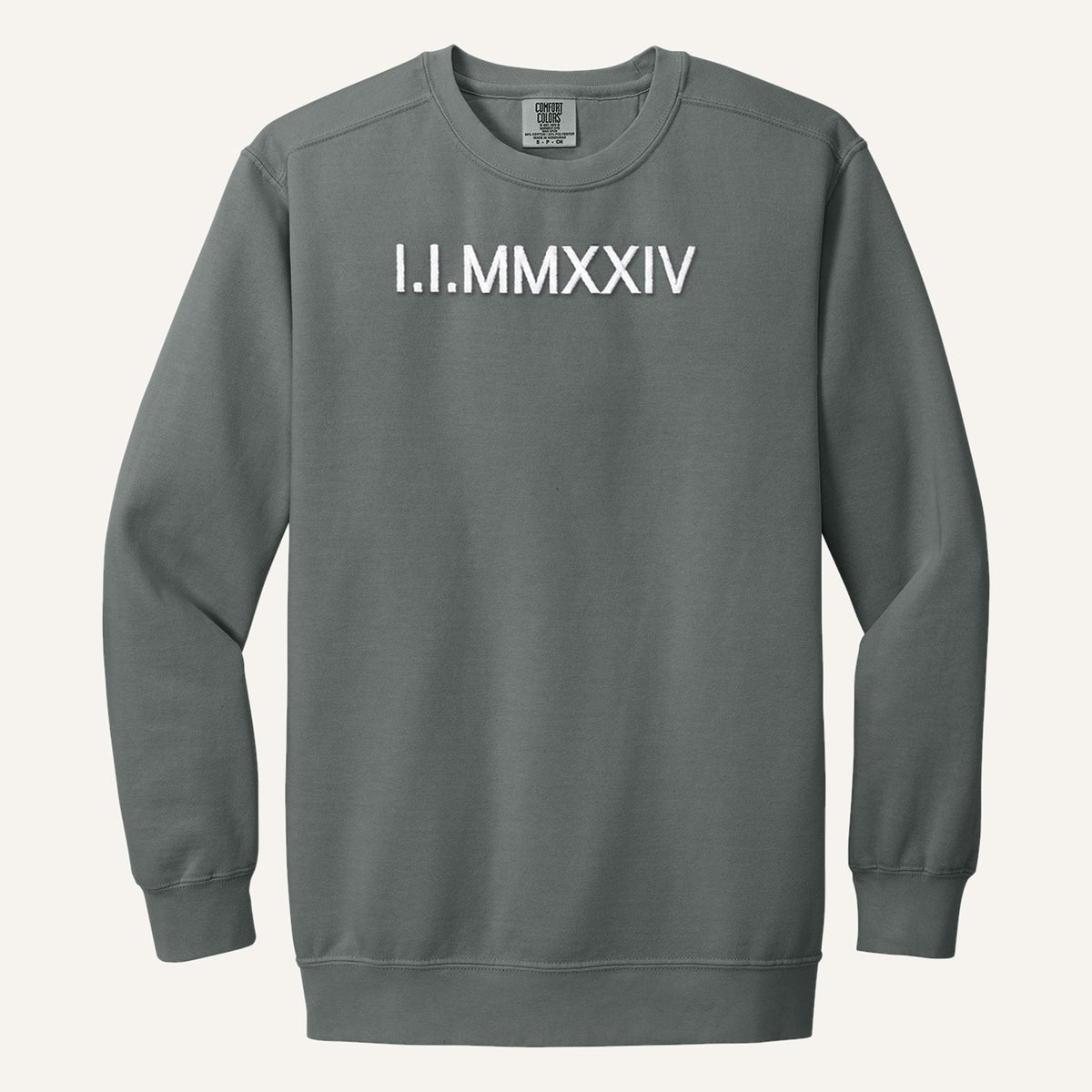 Roman Numeral Date Embroidered Sweatshirt with Initial Heart Sleeve – Comfort Colors Crewneck in Grey