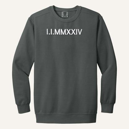 Roman Numeral Date Embroidered Sweatshirt with Initial Heart Sleeve – Comfort Colors Crewneck in Pepper