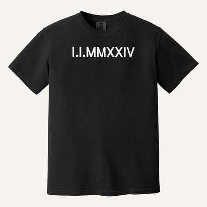Roman Numeral Date Embroidered Sweatshirt with Initial Heart Sleeve – Comfort Colors Tee in Black