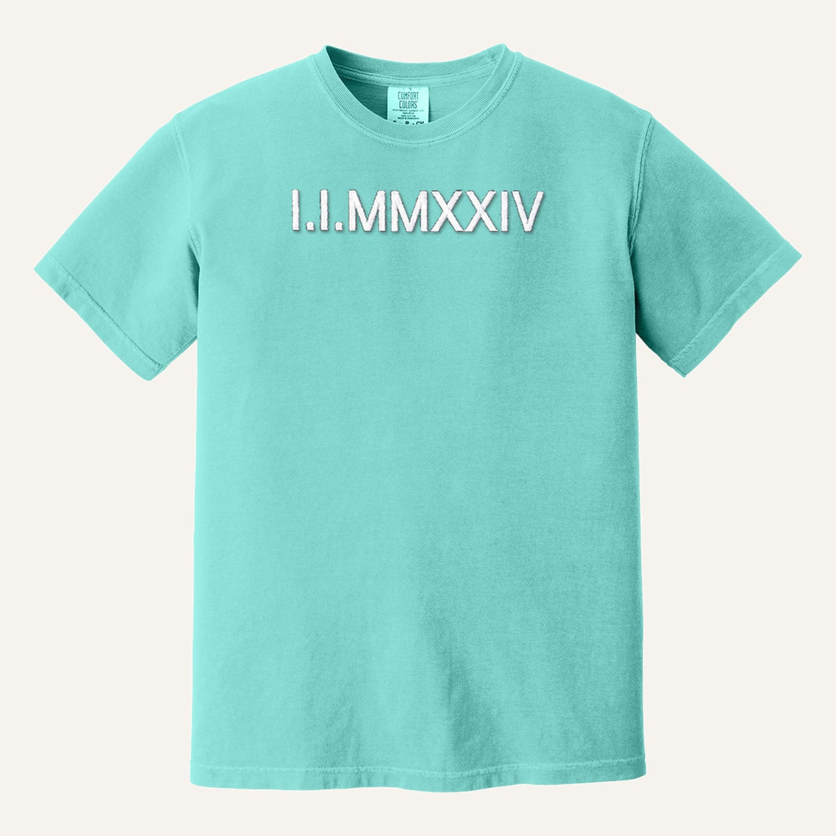 Roman Numeral Date Embroidered Sweatshirt with Initial Heart Sleeve – Comfort Colors Tee in Chalky Mint