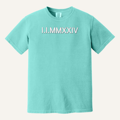 Roman Numeral Date Embroidered Sweatshirt with Initial Heart Sleeve – Comfort Colors Tee in Chalky Mint