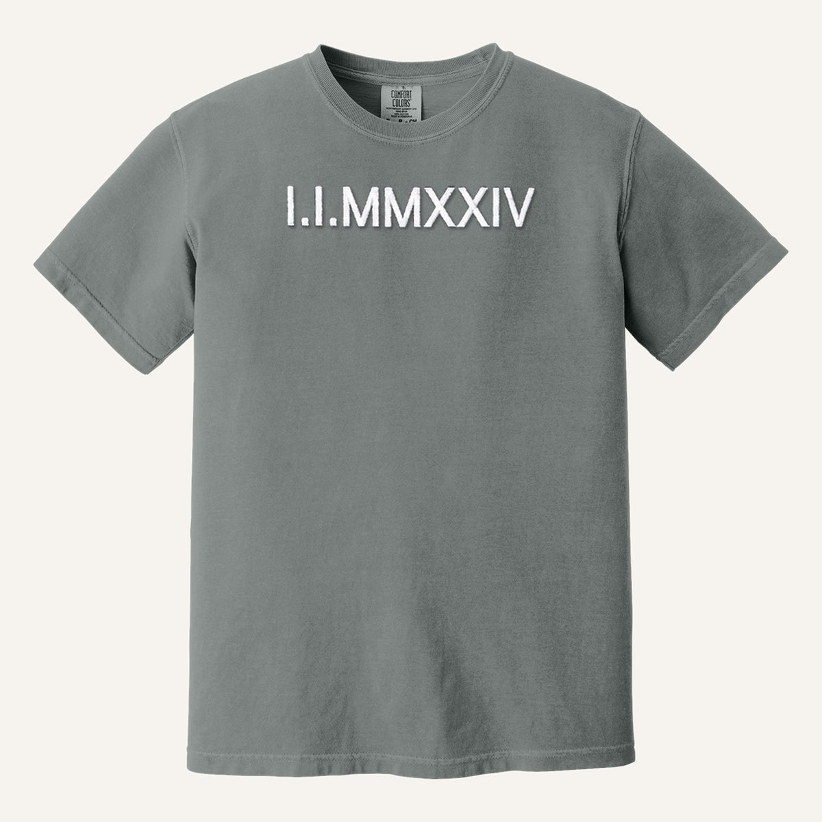 Roman Numeral Date Embroidered Sweatshirt with Initial Heart Sleeve – Comfort Colors Tee in Grey