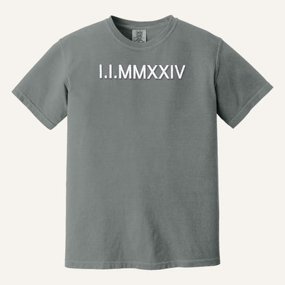 Roman Numeral Date Embroidered Sweatshirt with Initial Heart Sleeve – Comfort Colors Tee in Grey