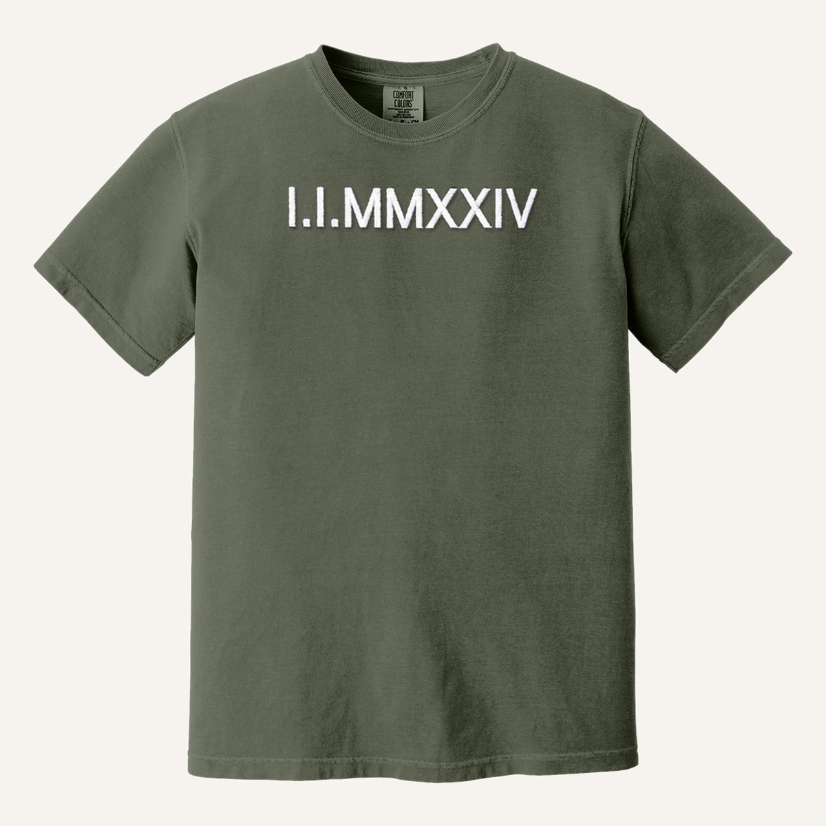 Roman Numeral Date Embroidered Sweatshirt with Initial Heart Sleeve – Comfort Colors Tee in Moss