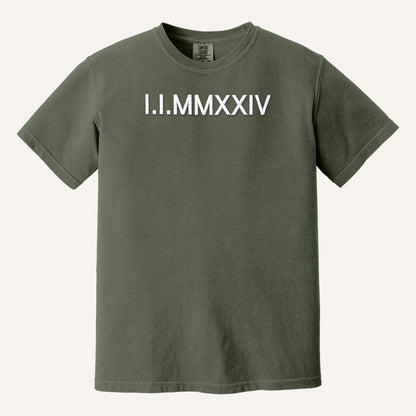 Roman Numeral Date Embroidered Sweatshirt with Initial Heart Sleeve – Comfort Colors Tee in Moss