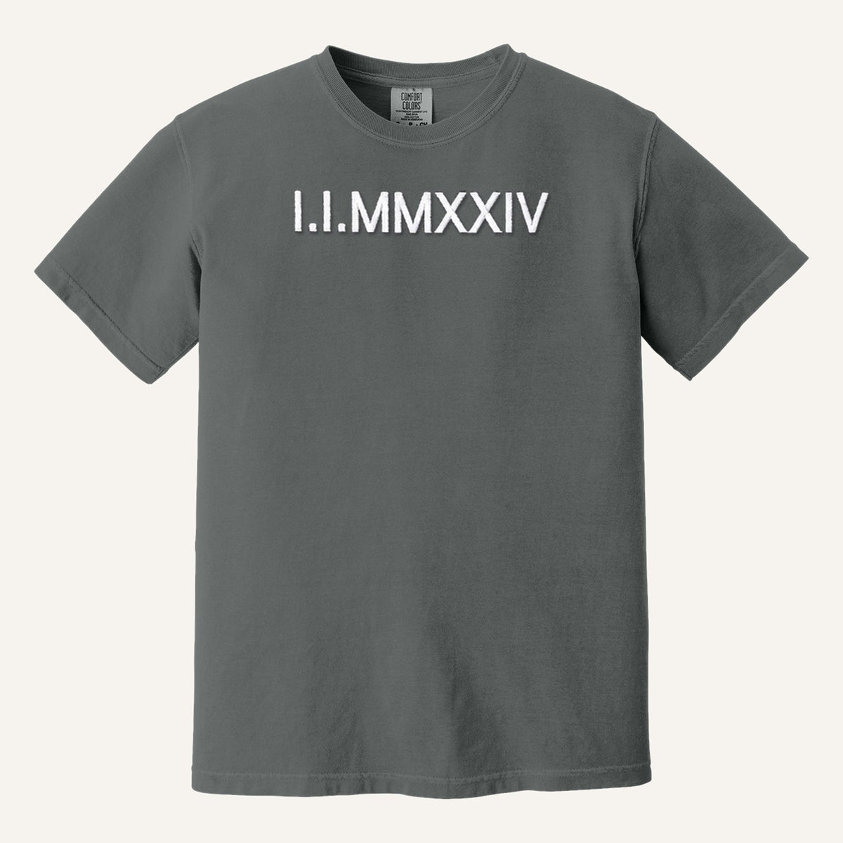Roman Numeral Date Embroidered Sweatshirt with Initial Heart Sleeve – Comfort Colors Tee in Pepper
