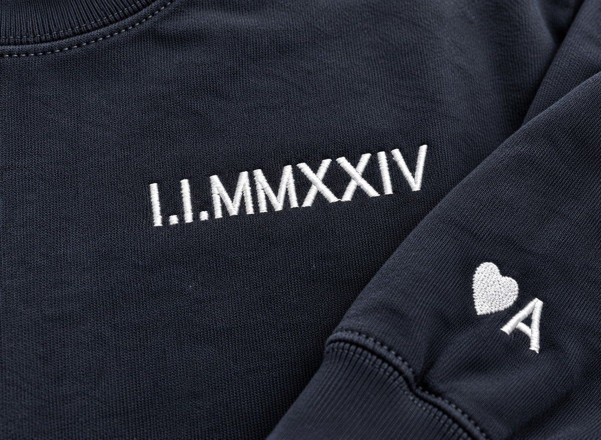 Roman Numeral Date Embroidered Sweatshirt with Initial Heart Sleeve – close-up detail