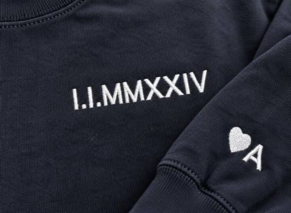 Roman Numeral Date Embroidered Sweatshirt with Initial Heart Sleeve – close-up detail