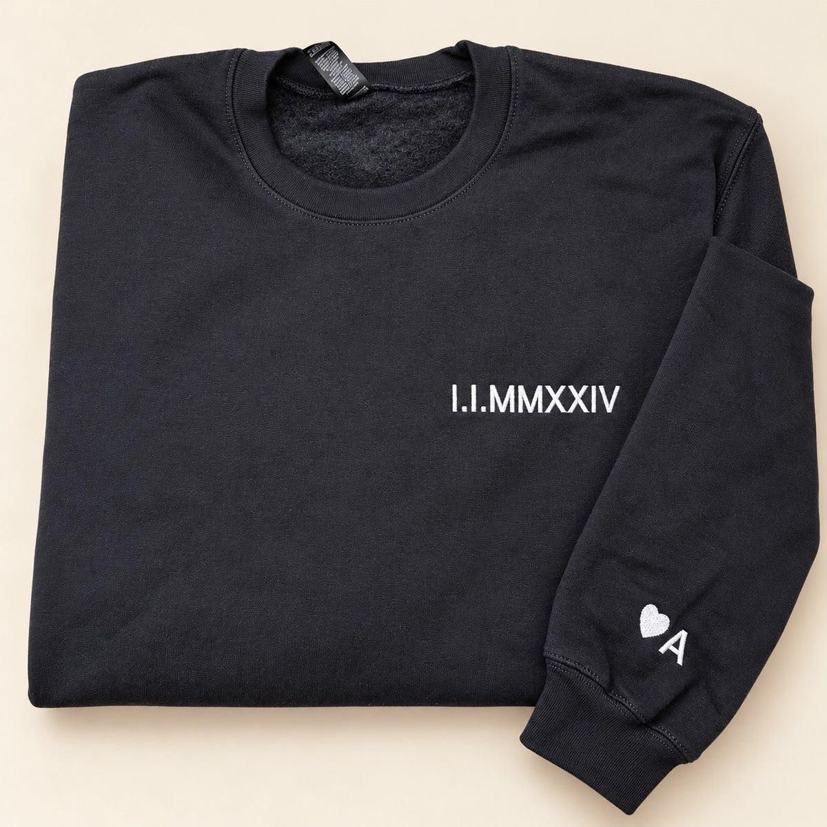 Roman Numeral Date Embroidered Sweatshirt with Initial Heart Sleeve
