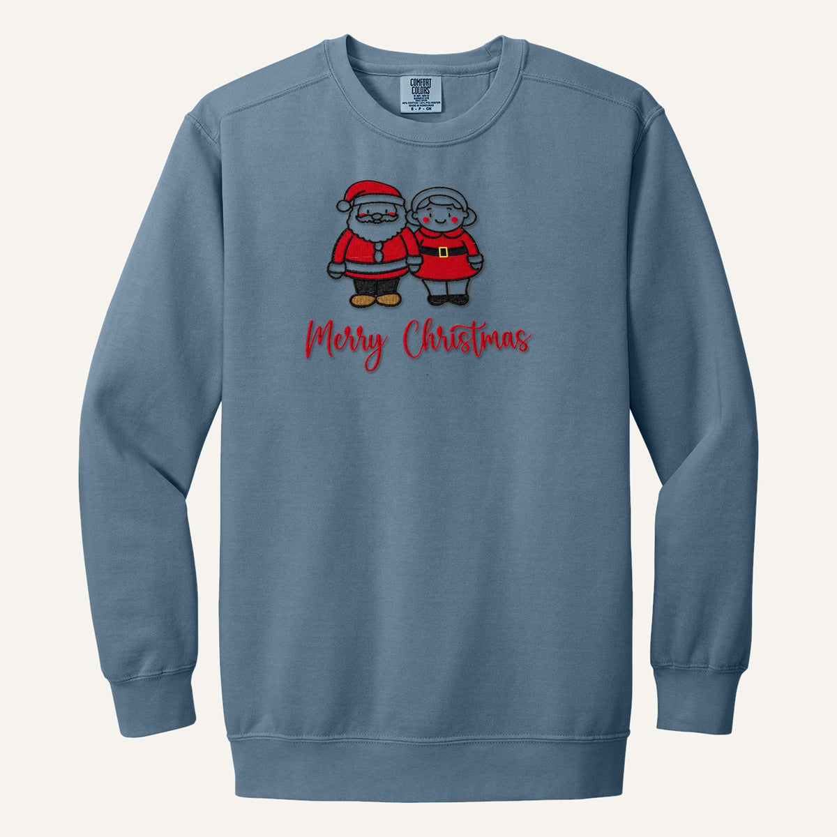 Santa and Mrs. Claus Merry Christmas Embroidered Sweatshirt – Comfort Colors Crewneck in Blue Jean