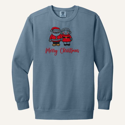 Santa and Mrs. Claus Merry Christmas Embroidered Sweatshirt – Comfort Colors Crewneck in Blue Jean