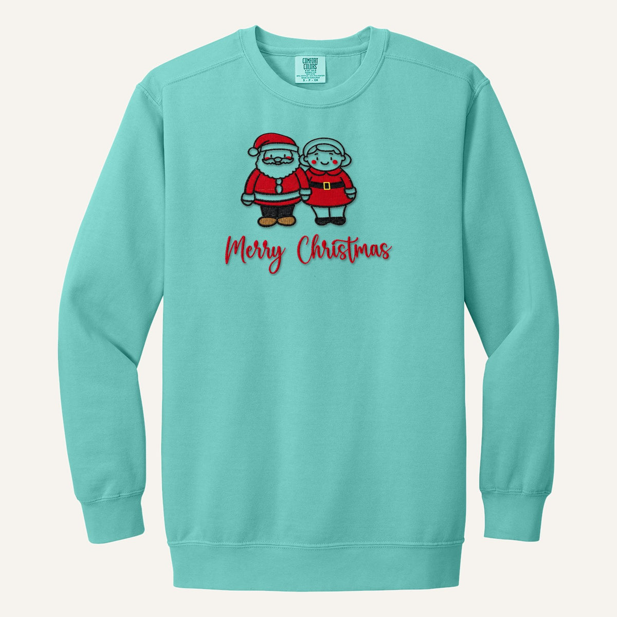 Santa and Mrs. Claus Merry Christmas Embroidered Sweatshirt – Comfort Colors Crewneck in Chalky Mint