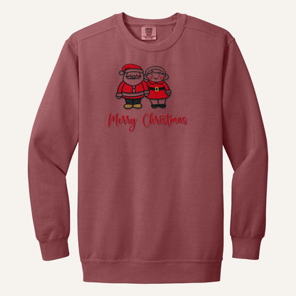 Santa and Mrs. Claus Merry Christmas Embroidered Sweatshirt – Comfort Colors Crewneck in Crimson