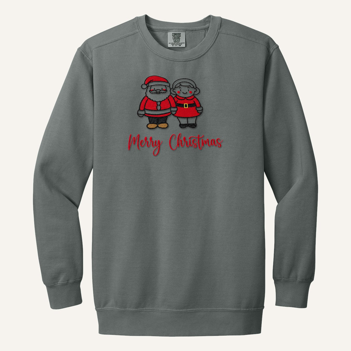 Santa and Mrs. Claus Merry Christmas Embroidered Sweatshirt – Comfort Colors Crewneck in Grey