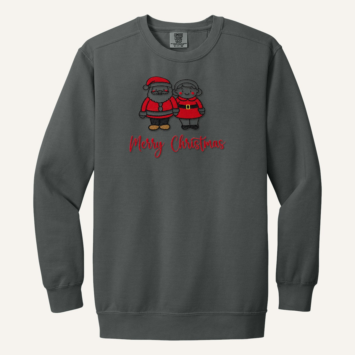 Santa and Mrs. Claus Merry Christmas Embroidered Sweatshirt – Comfort Colors Crewneck in Pepper