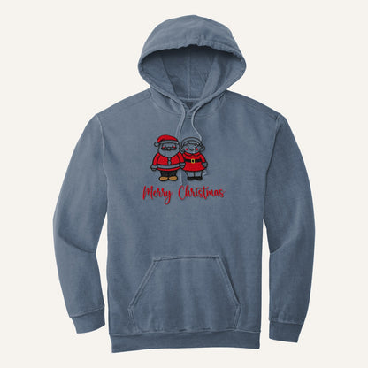 Santa and Mrs. Claus Merry Christmas Embroidered Sweatshirt – Comfort Colors Hoodie in Blue Jean