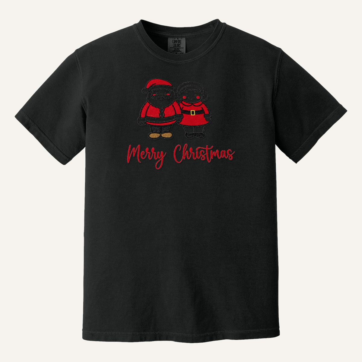 Santa and Mrs. Claus Merry Christmas Embroidered Sweatshirt – Comfort Colors Tee in Black