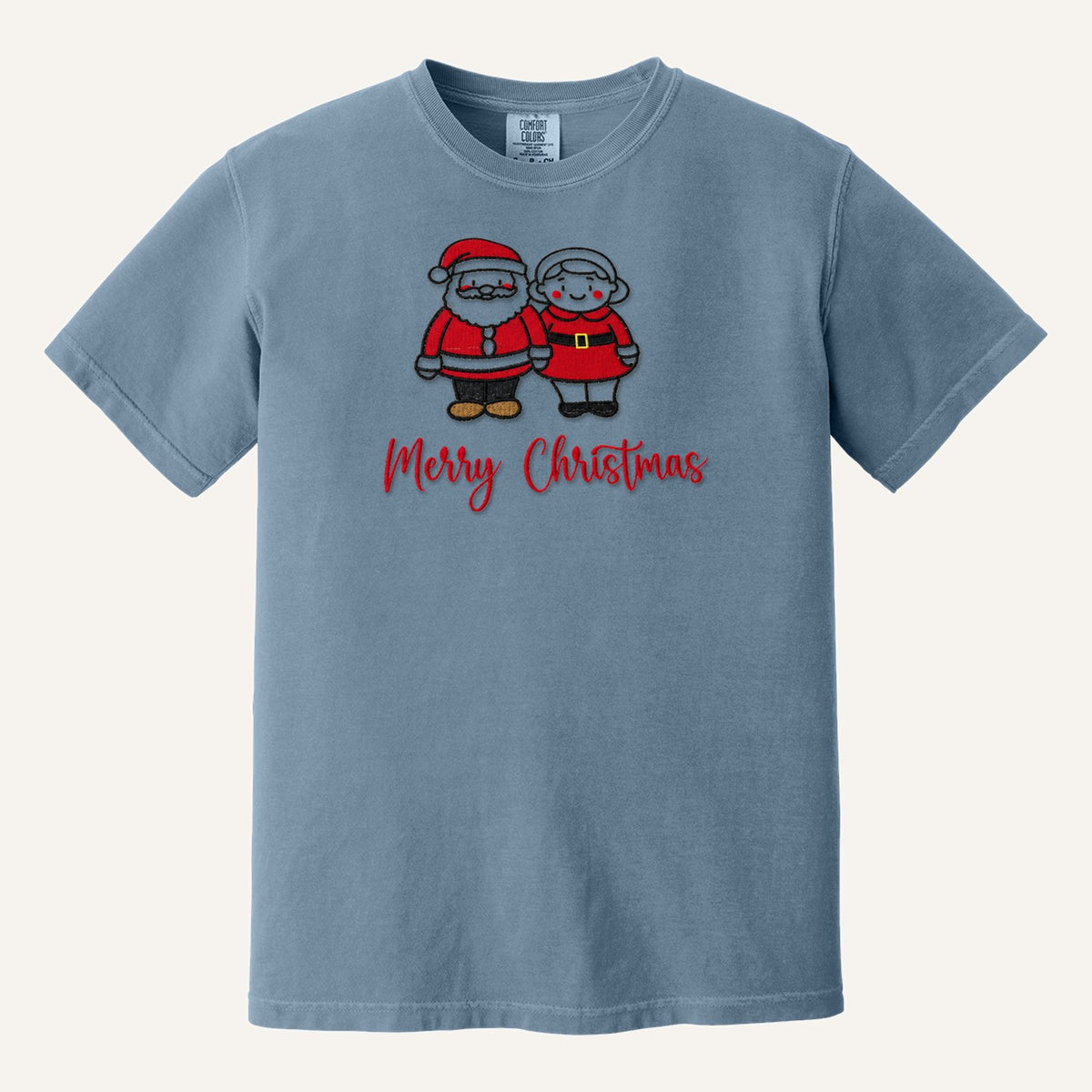 Santa and Mrs. Claus Merry Christmas Embroidered Sweatshirt – Comfort Colors Tee in Blue Jean
