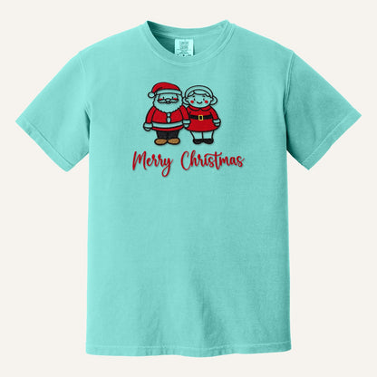 Santa and Mrs. Claus Merry Christmas Embroidered Sweatshirt – Comfort Colors Tee in Chalky Mint