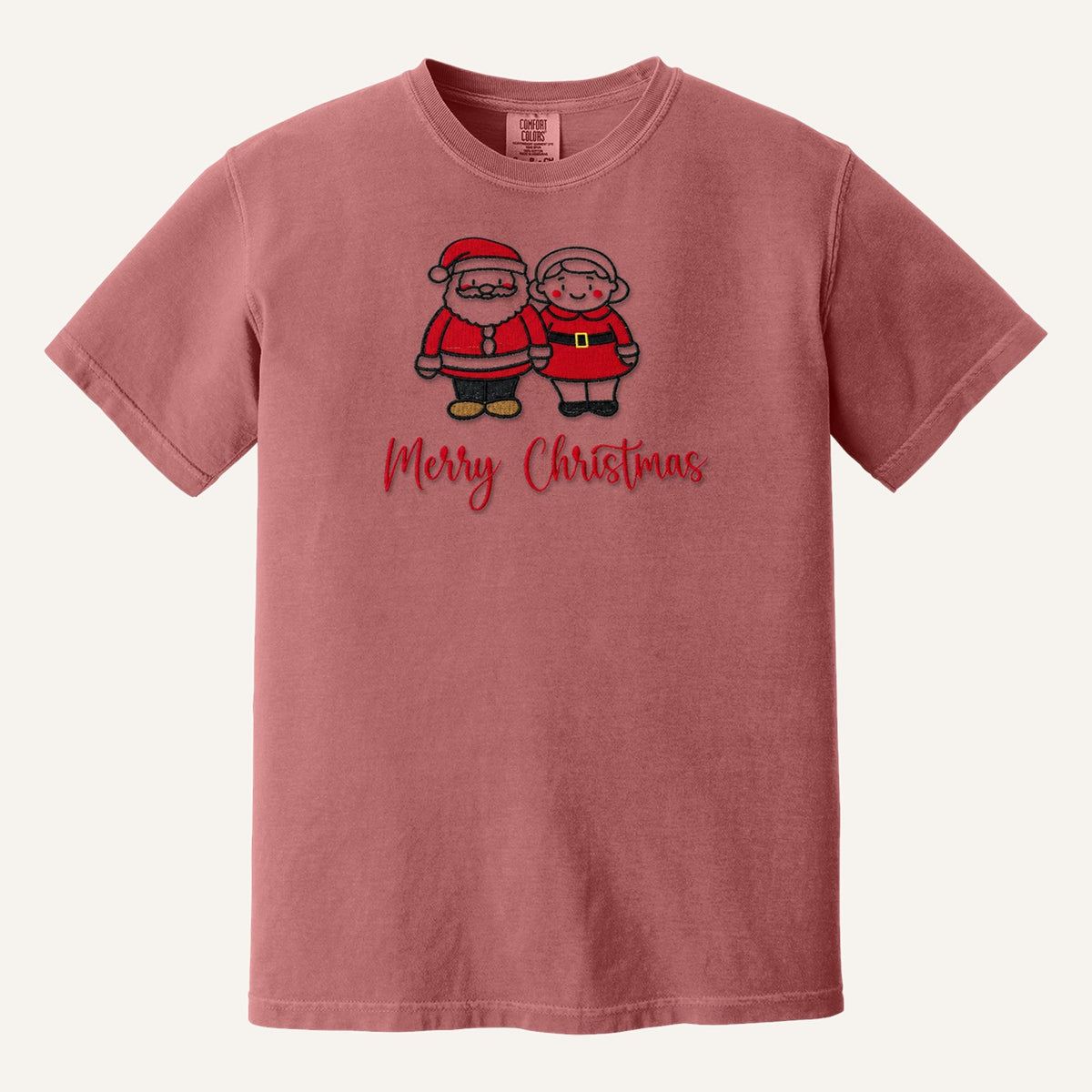 Santa and Mrs. Claus Merry Christmas Embroidered Sweatshirt – Comfort Colors Tee in Crimson