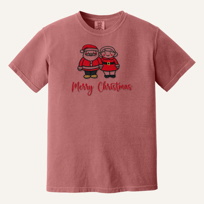 Santa and Mrs. Claus Merry Christmas Embroidered Sweatshirt – Comfort Colors Tee in Crimson