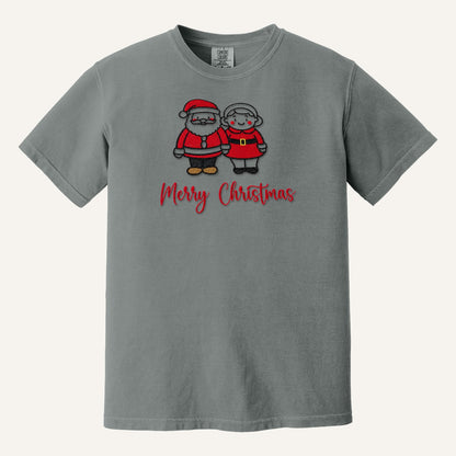 Santa and Mrs. Claus Merry Christmas Embroidered Sweatshirt – Comfort Colors Tee in Grey