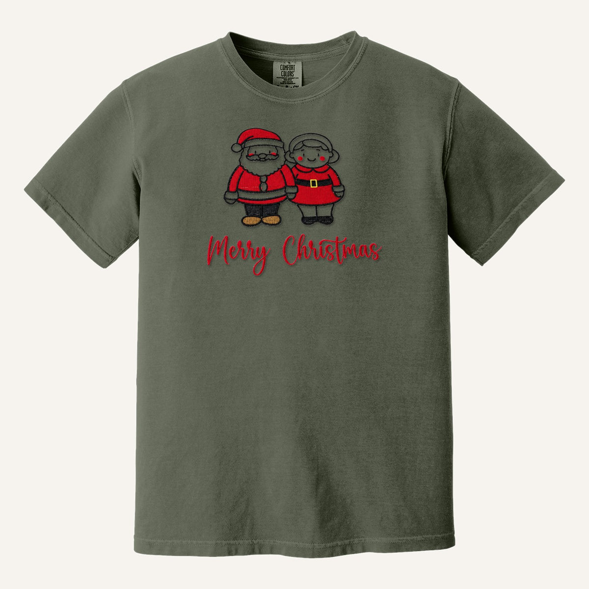 Santa and Mrs. Claus Merry Christmas Embroidered Sweatshirt – Comfort Colors Tee in Moss