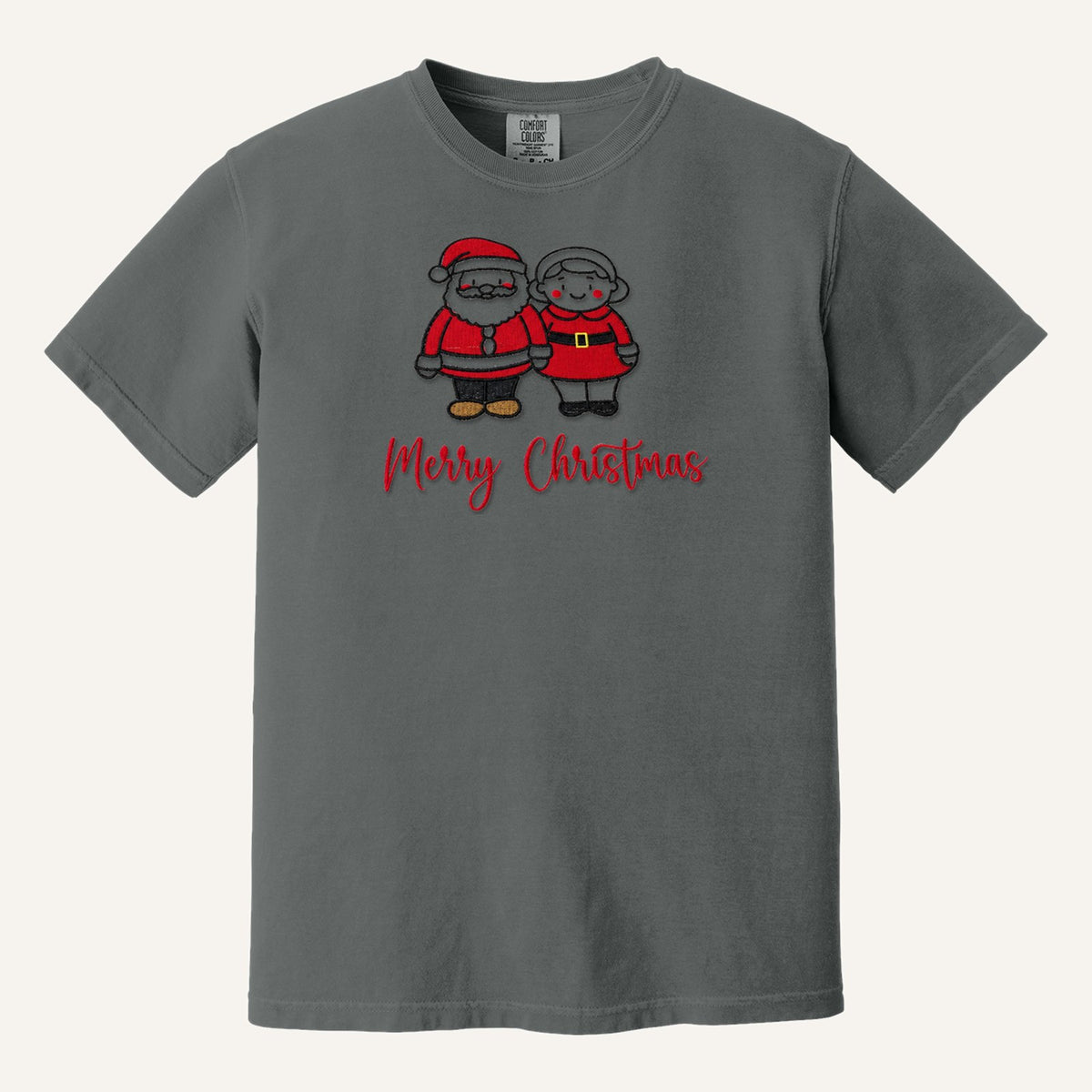 Santa and Mrs. Claus Merry Christmas Embroidered Sweatshirt – Comfort Colors Tee in Pepper