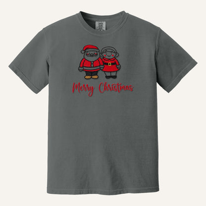 Santa and Mrs. Claus Merry Christmas Embroidered Sweatshirt – Comfort Colors Tee in Pepper