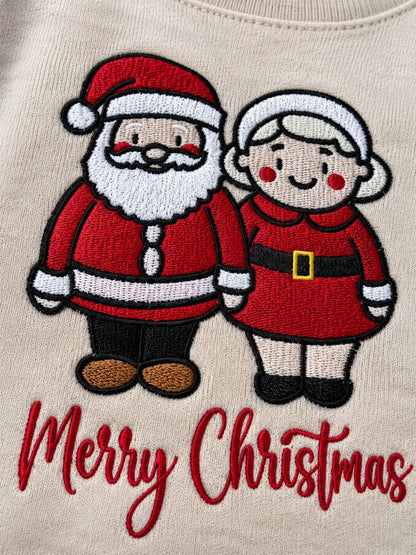 Santa and Mrs. Claus Merry Christmas Embroidered Sweatshirt – close-up detail