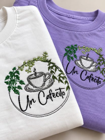 Un Cafecito Embroidered Tee – Coffee Lover Shirt – close-up detail