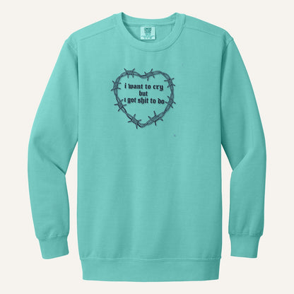 I Want to Cry But I Got Shit to Do Embroidered Sweatshirt – Comfort Colors Crewneck in Chalky Mint