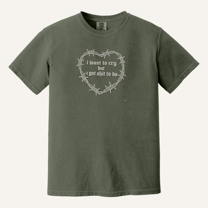 I Want to Cry But I Got Shit to Do Embroidered Sweatshirt – Comfort Colors Tee in Moss